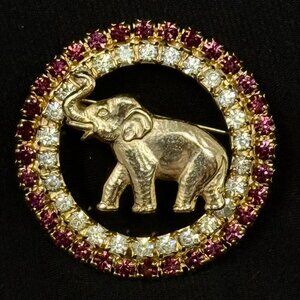 Jospeh Warner Brooch Pin Elephant Ruby Red Clear Rhinestone Gold Tone Round 1.5"